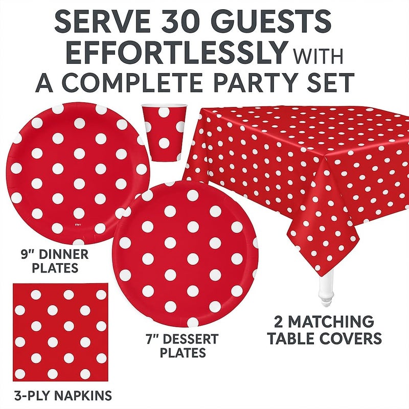 Oojami Serves 30 Complete Party Pack Red Polka Dot Party Supplies 9" Dinner Paper Plates 7" Dessert Paper Plates 9 oz Cups 3 Ply Napkins 2 Red Polka Dot Table Cover Size: 54" x 108" - Image 2